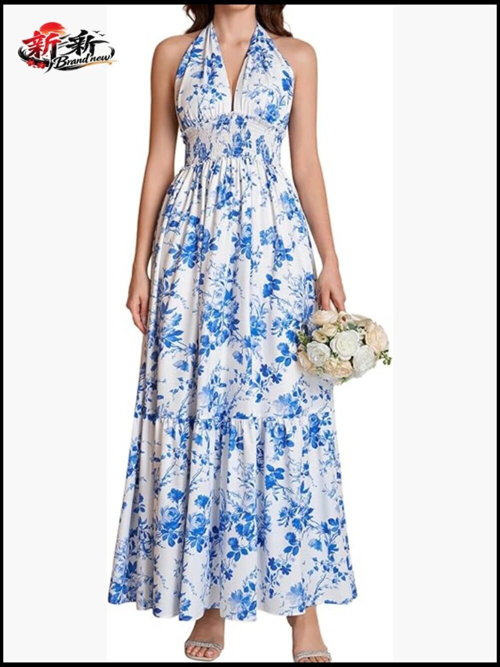 Floral Halter Maxi Dress Long Flowy Bow Tie V Neck Summer Wedding Guest